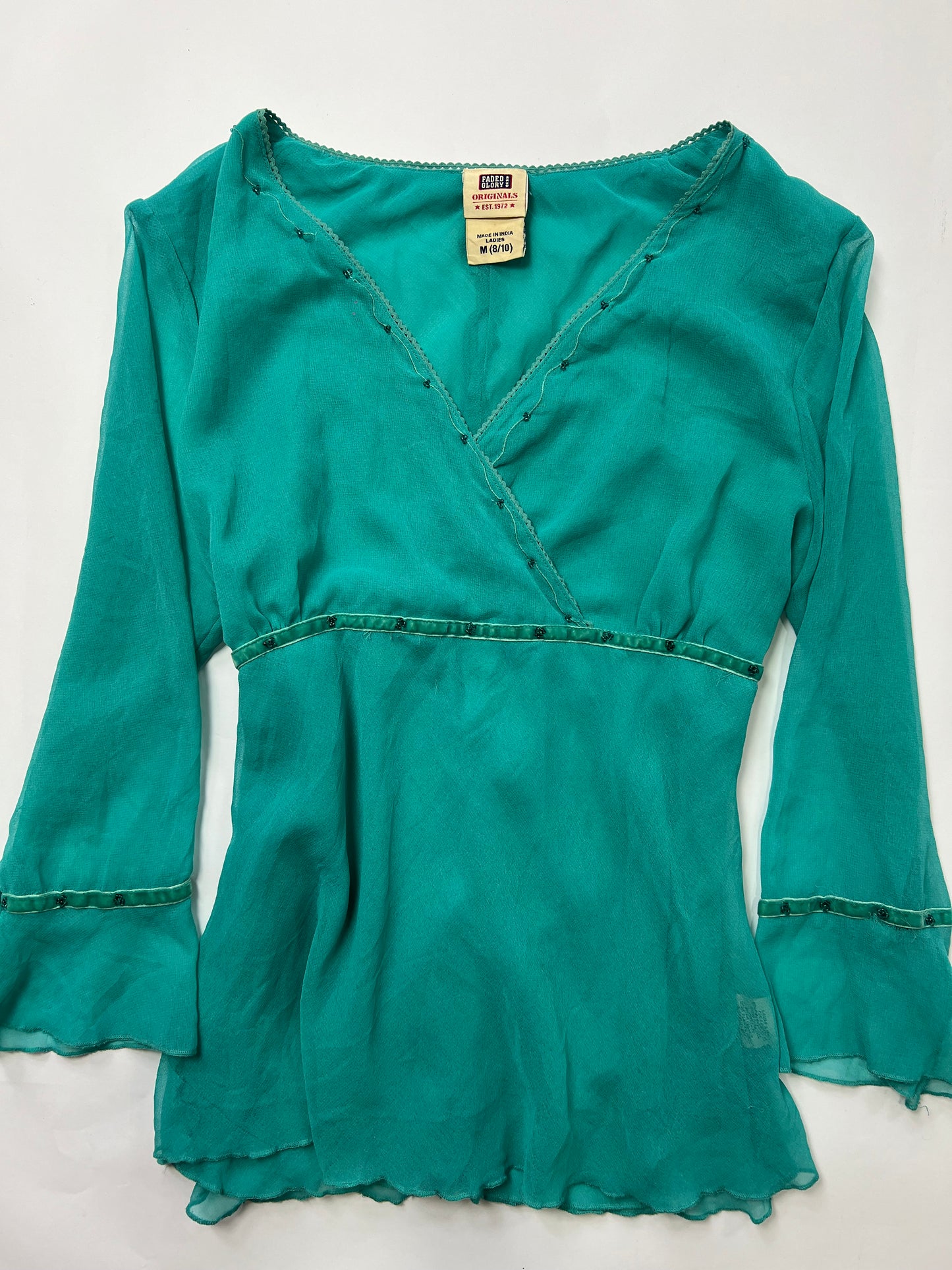 Sheer Beaded Bell Sleeve Blouse