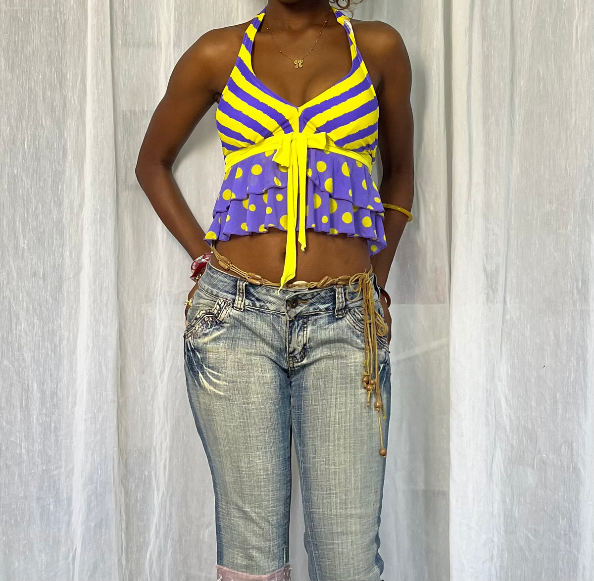 Striped Polka Dot Ruffled Tankini