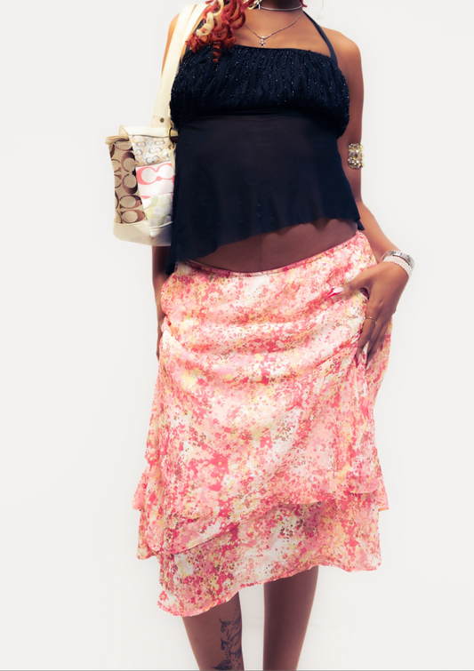 Pink floral print midi chiffon skirt