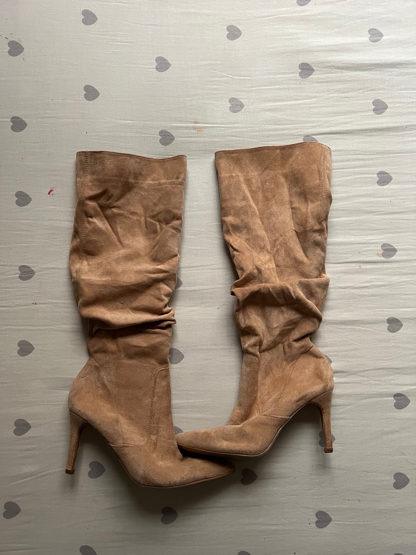 Beige suede ruched boots