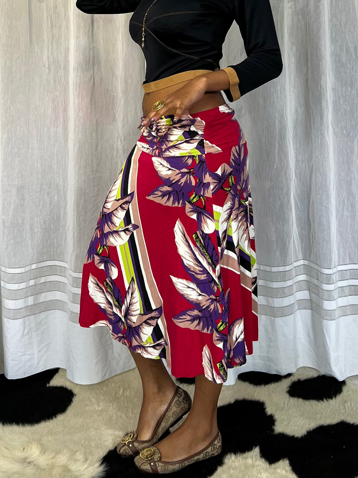 Magenta floral print midi skirt