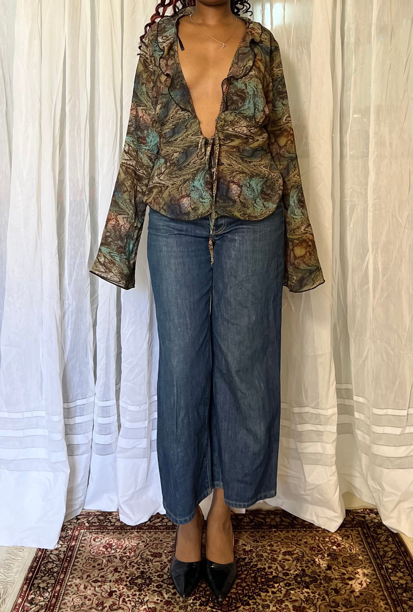 Plunging neck ruffle blouse