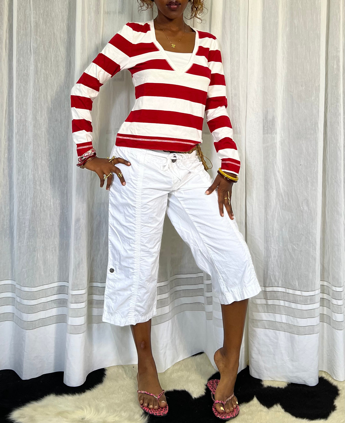 Red & White Striped V-Neck Long-Sleeve Top