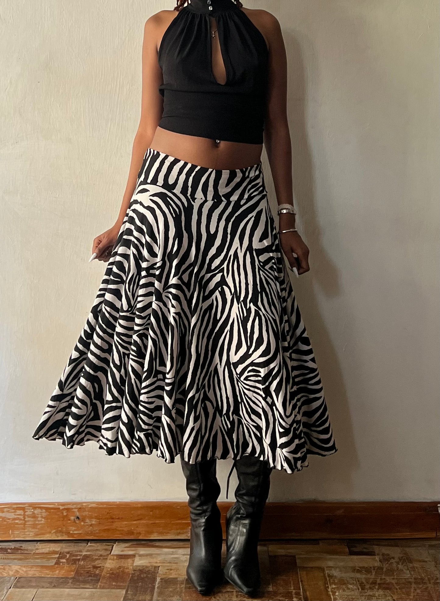 Zebra Print Slinky Midi Skirt