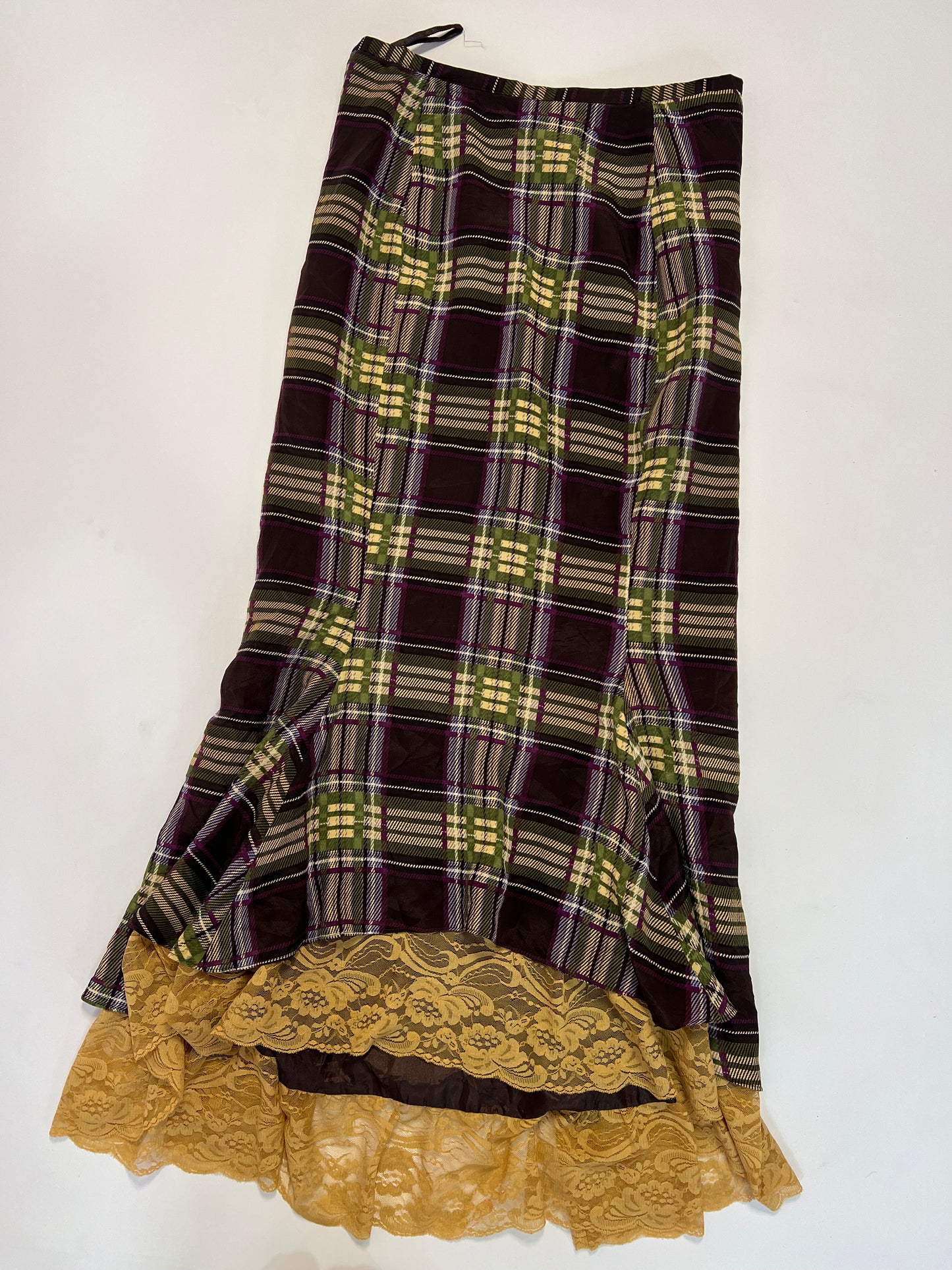 Plaid Lace Trim Silk Midi Skirt