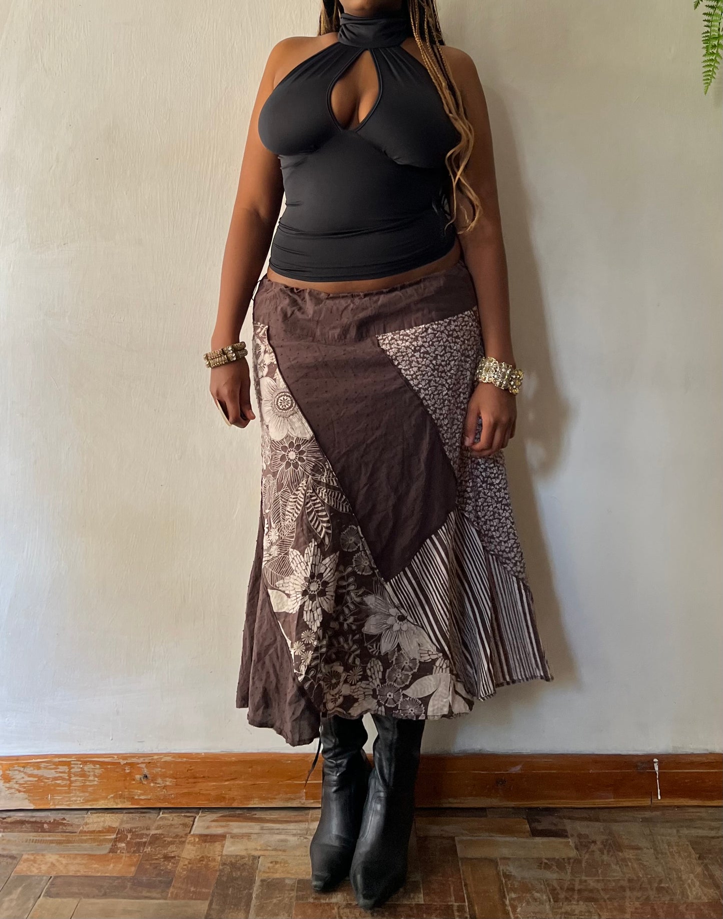 Earthy patchwork maxi skirt