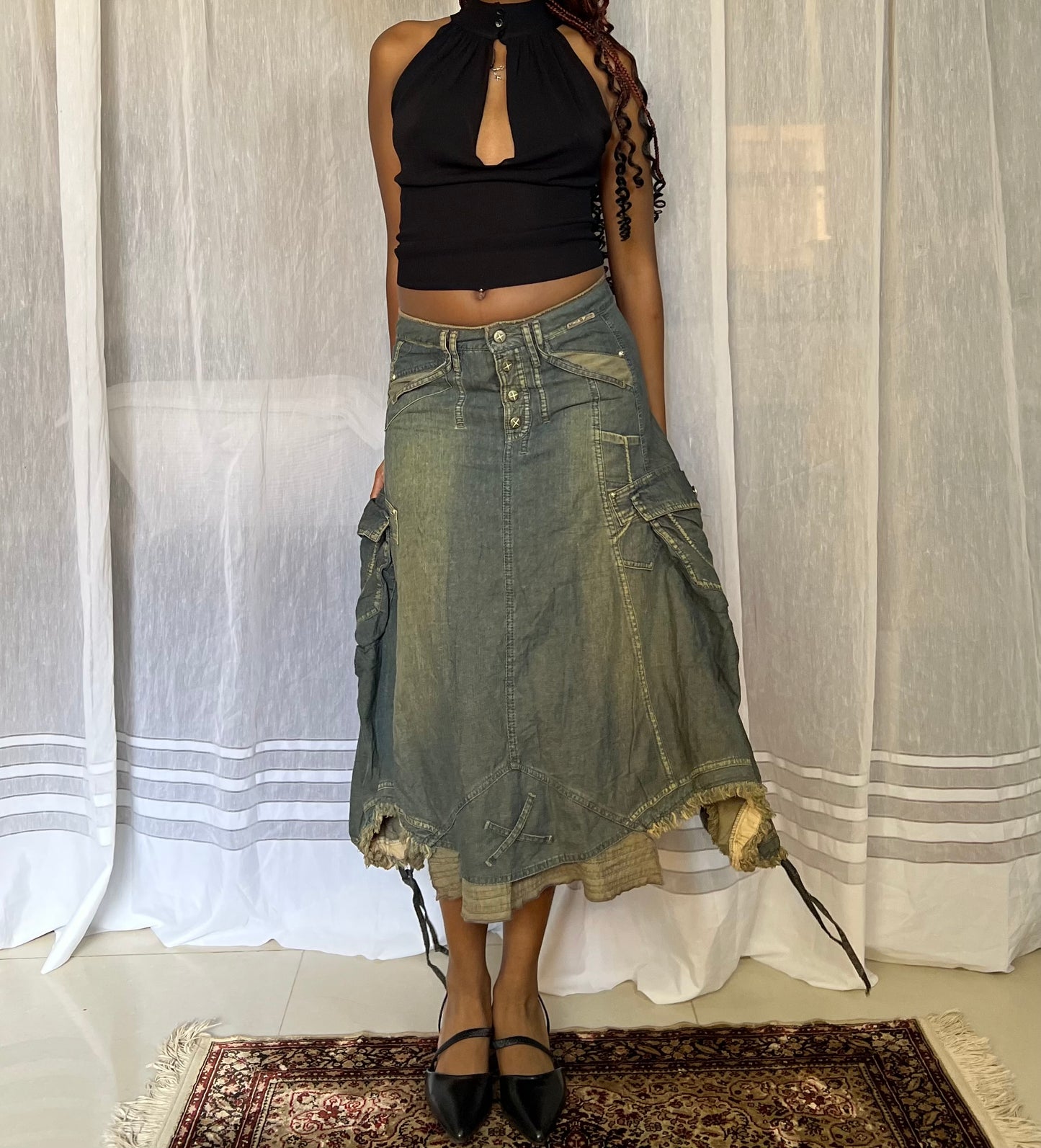 Distressed utility midi skirt