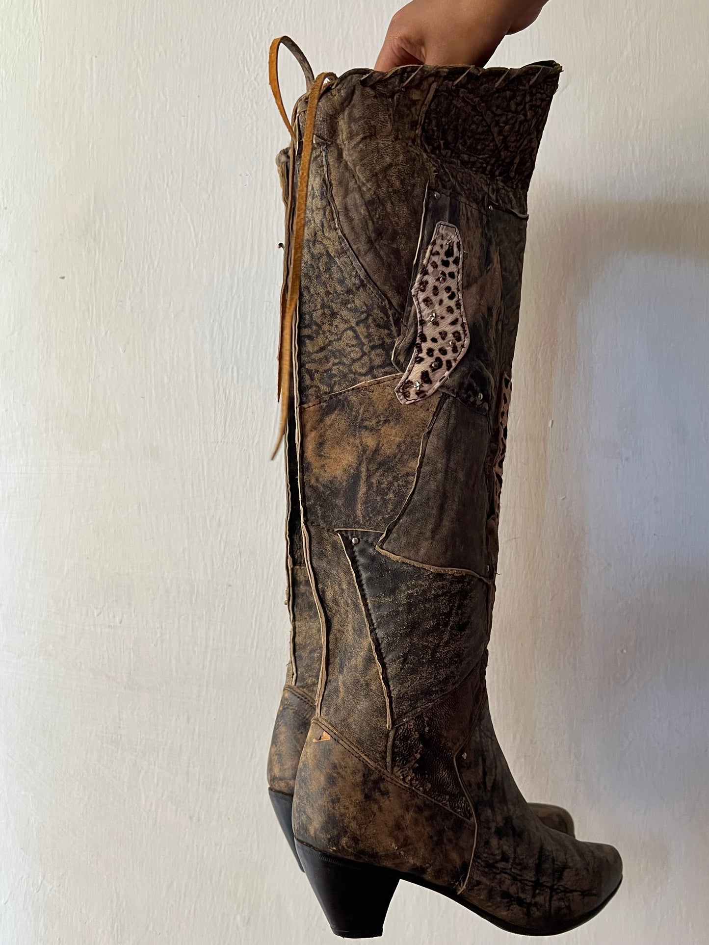 Thigh high animal print patch work boots