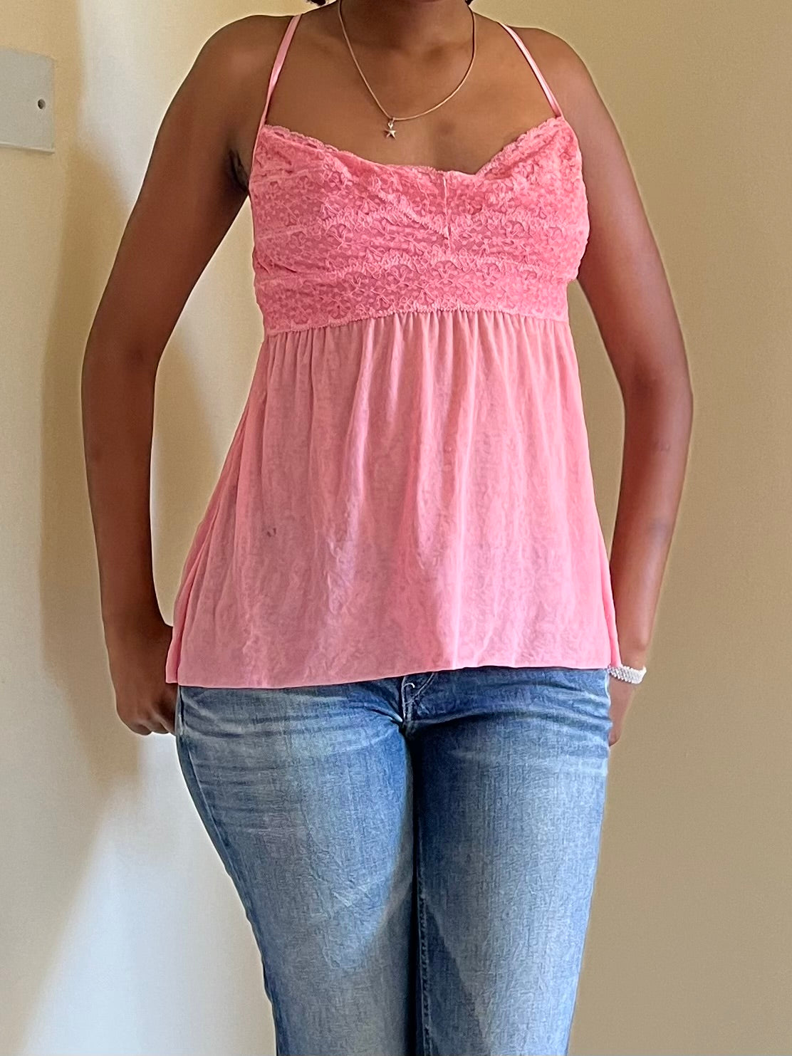 Pink lace trim cami top