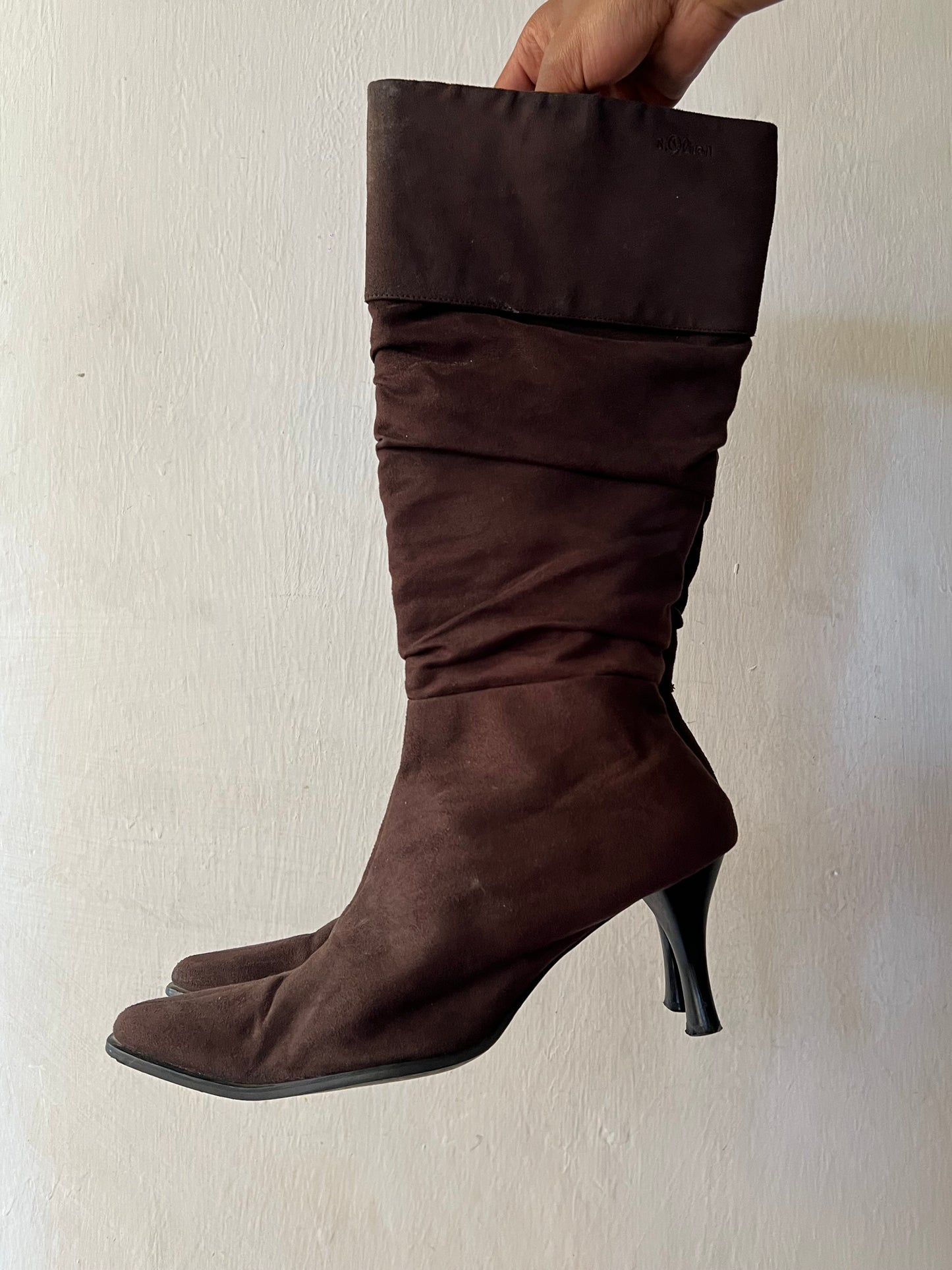 Leather-suede ruched boots