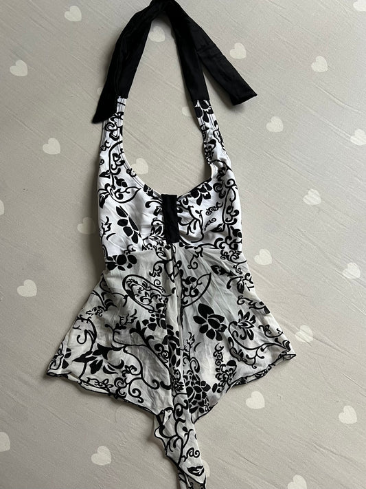 Asymmetrical floral mesh top