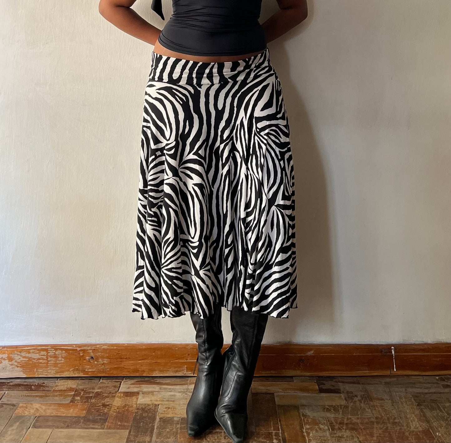Zebra Print Slinky Midi Skirt