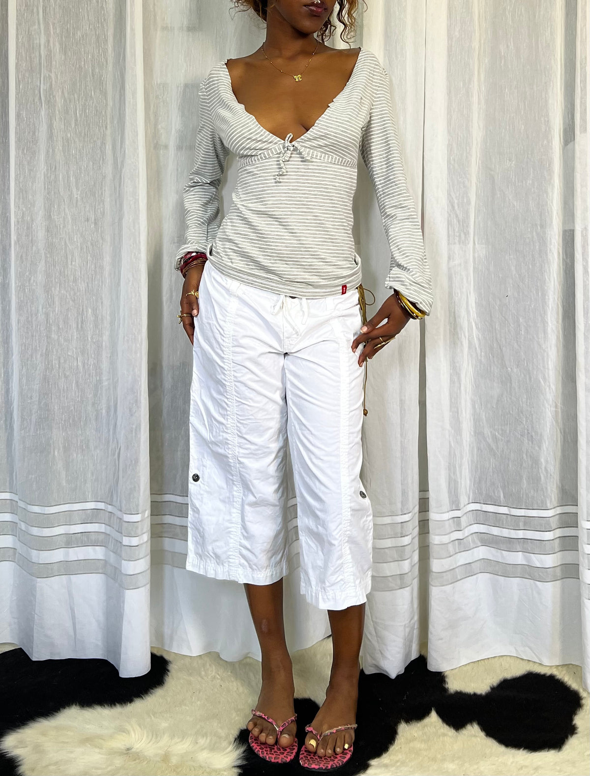 Grey & White Striped Wrap Top