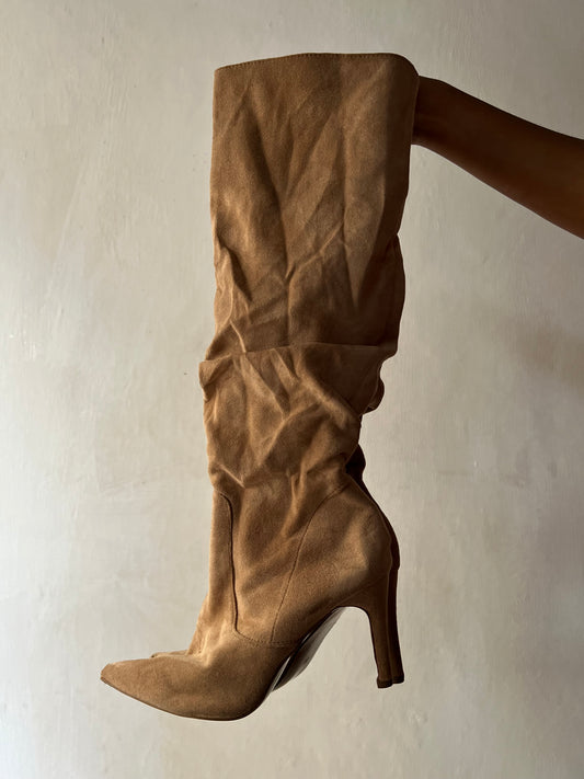 Beige suede ruched boots