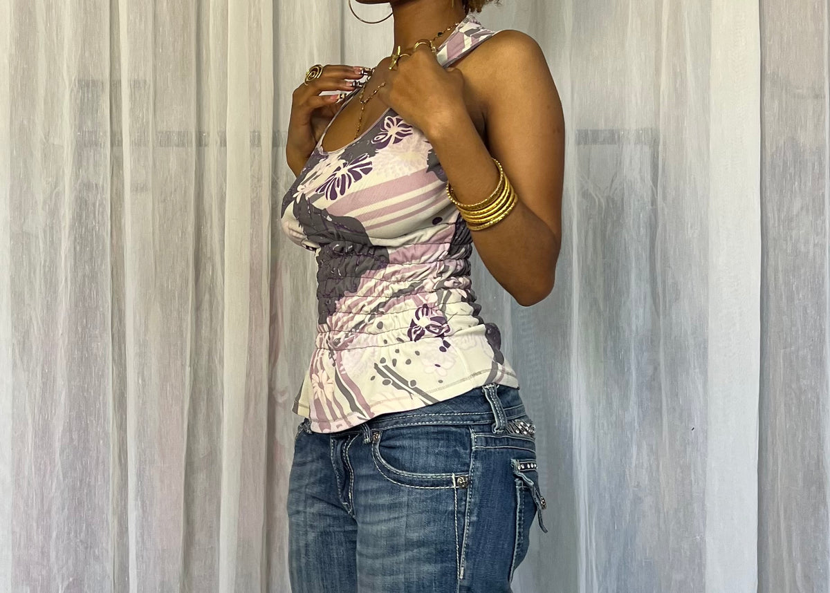 smoked mesh floral print top