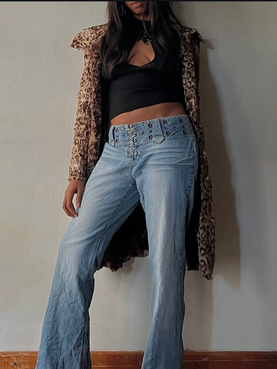 Y2K leopard print faux fur long coat