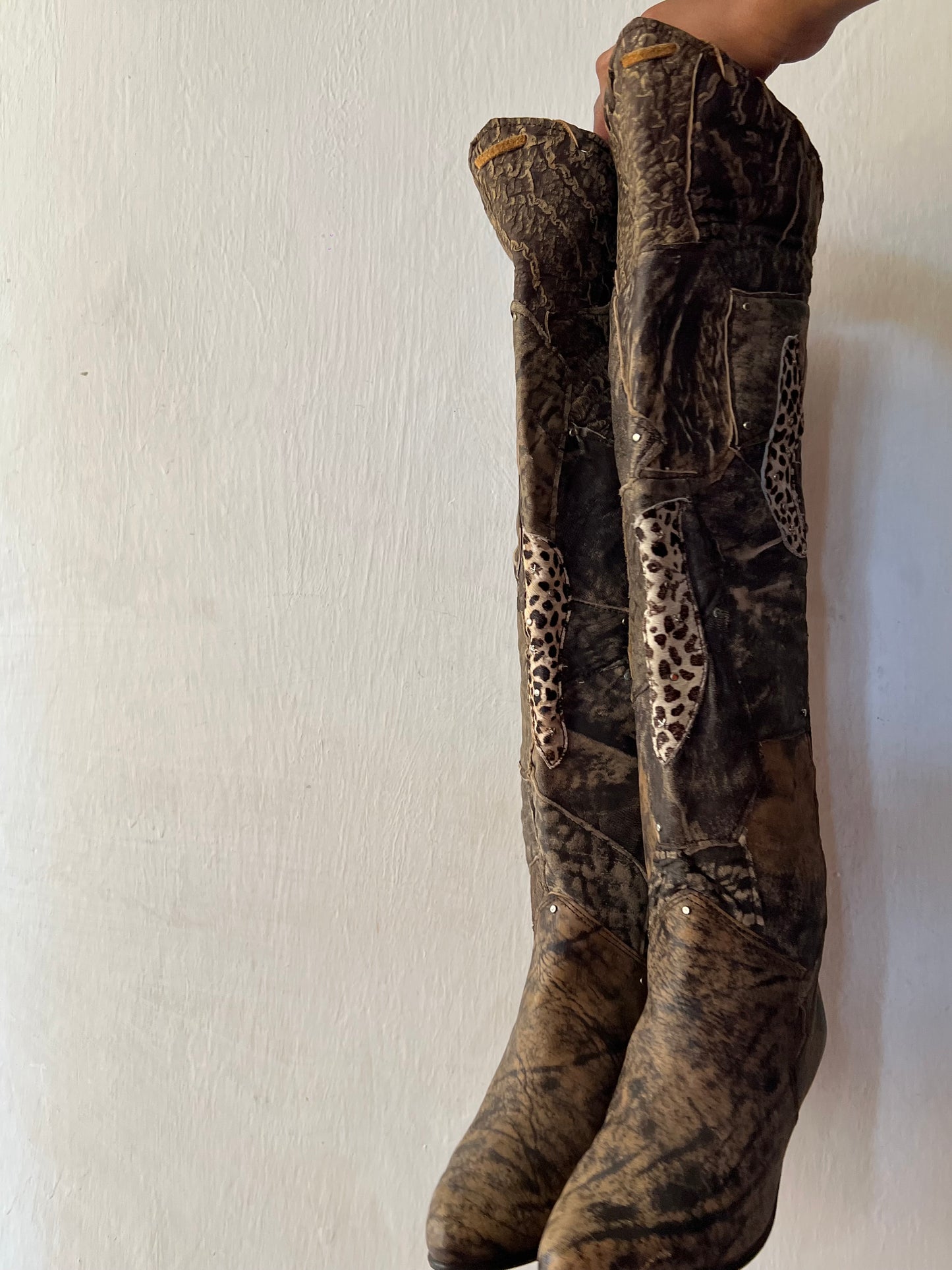 Thigh high animal print patch work boots