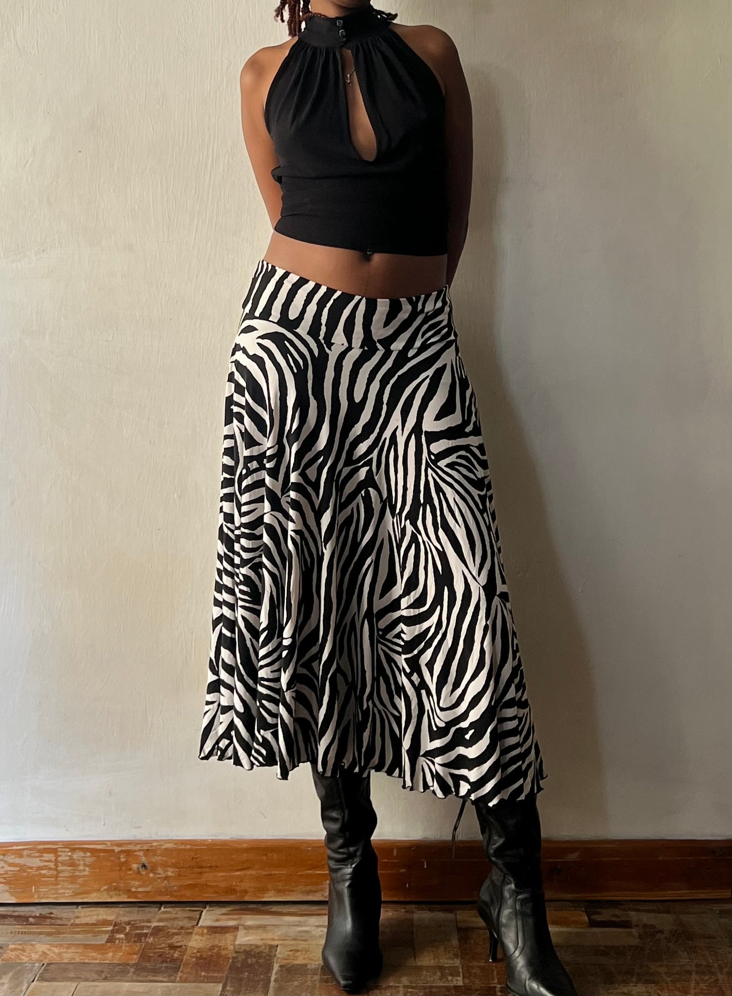 Zebra Print Slinky Midi Skirt