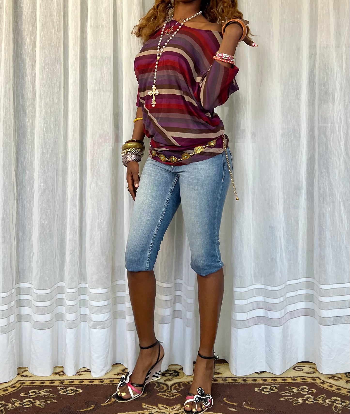 Sheer Striped Batwing Top