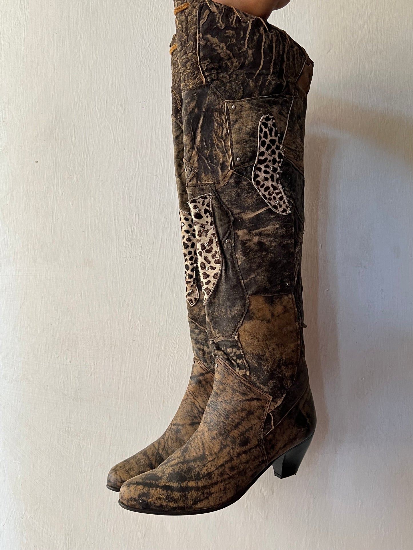 Thigh high animal print patch work boots