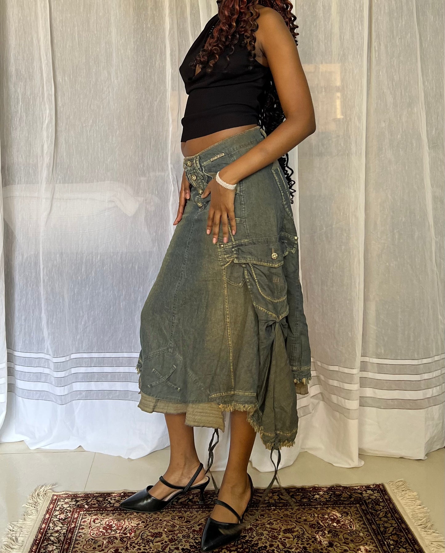 Distressed utility midi skirt