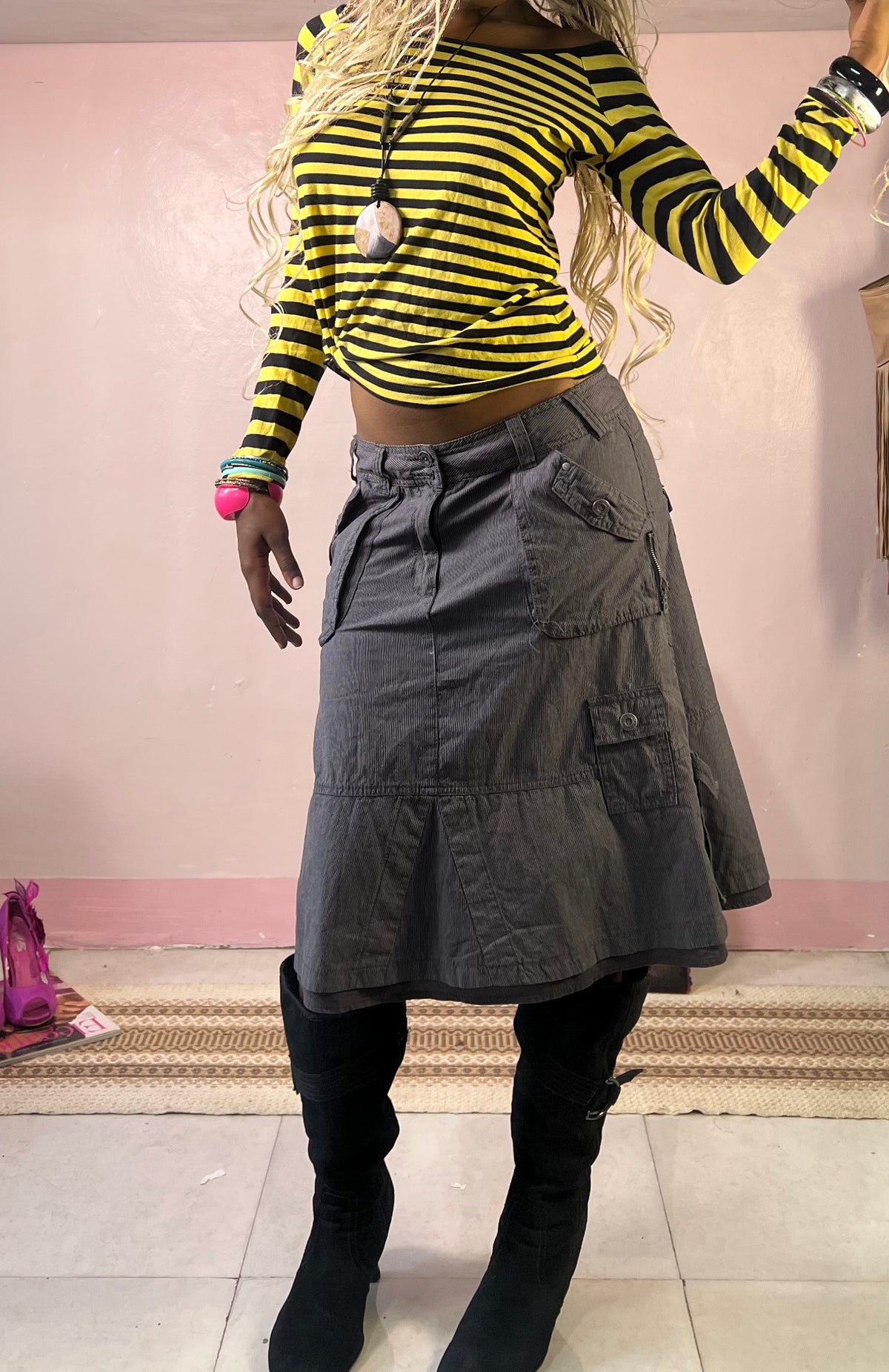 Y2K Striped Top & Utility Skirt Set