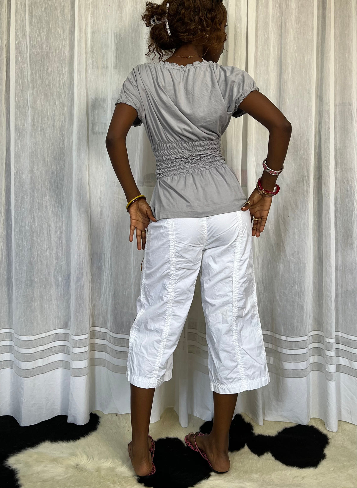 Grey ruched off the shoulder top