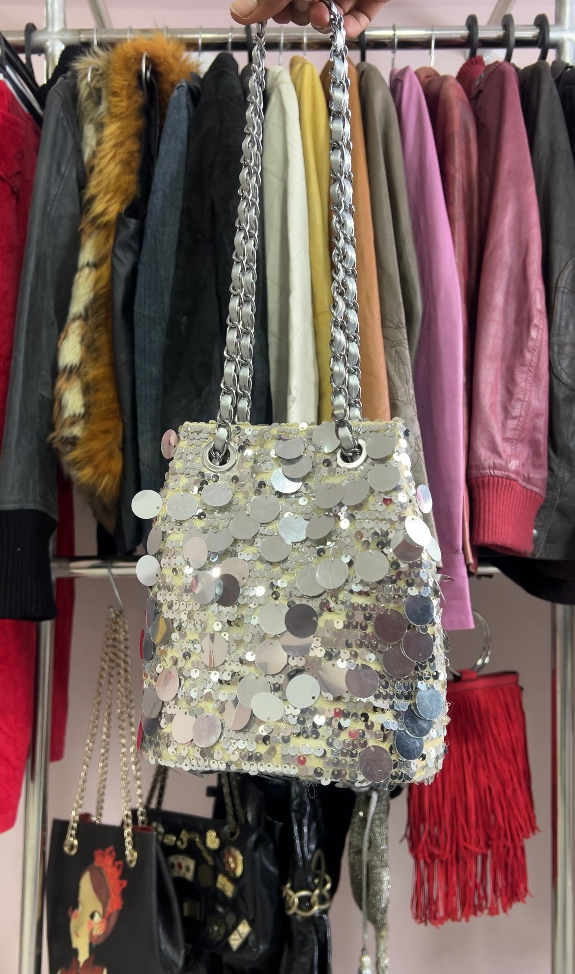 Sequin bucket bag
