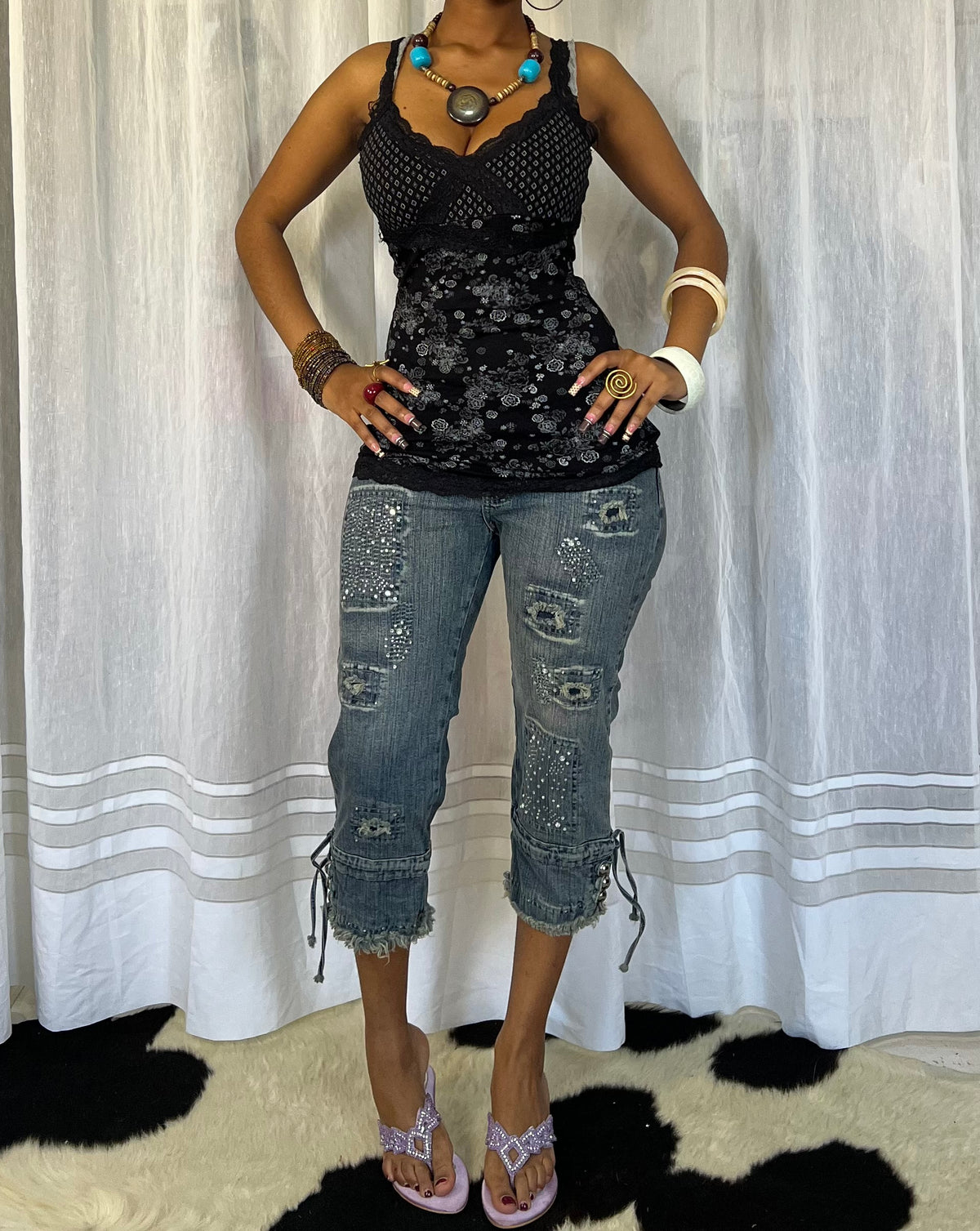 Graphic Lace Trim Floral Cami