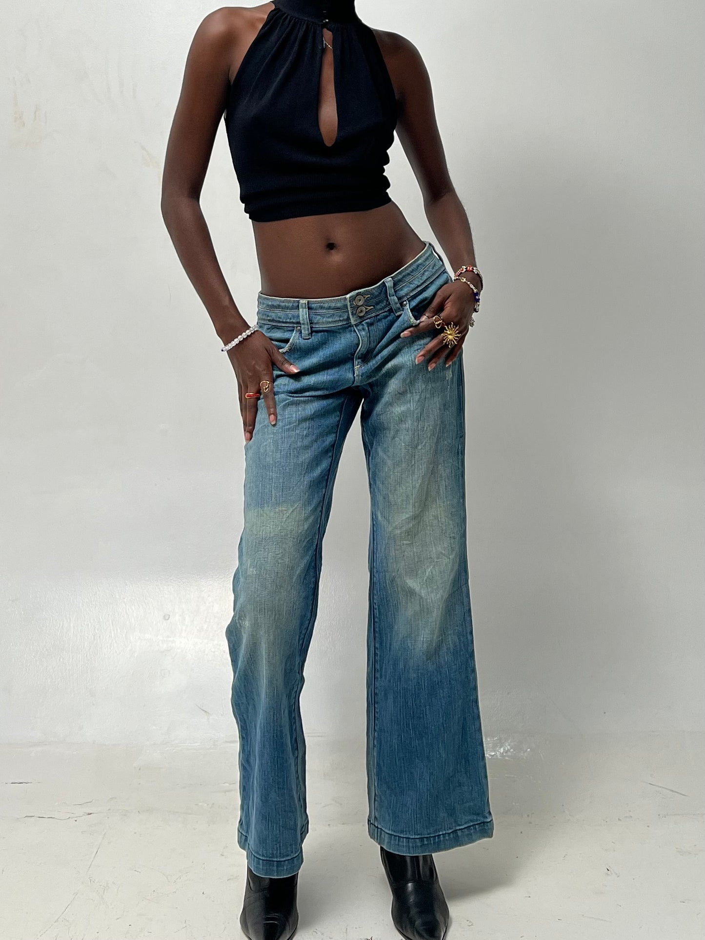 Low rise wide leg denim pants