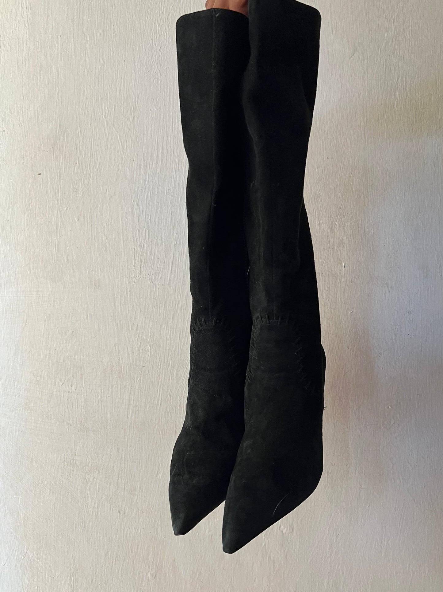 Black pointy toe knee high boots