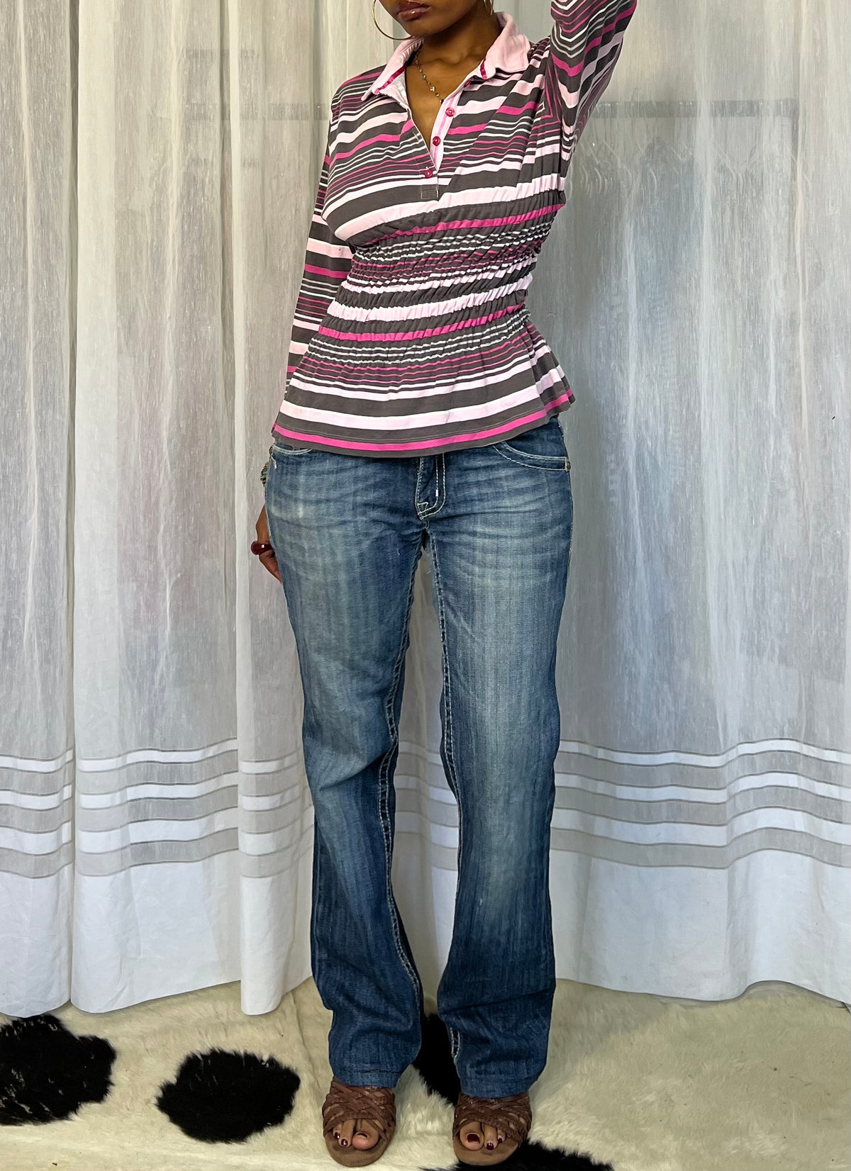 smoked striped polo with pink collar