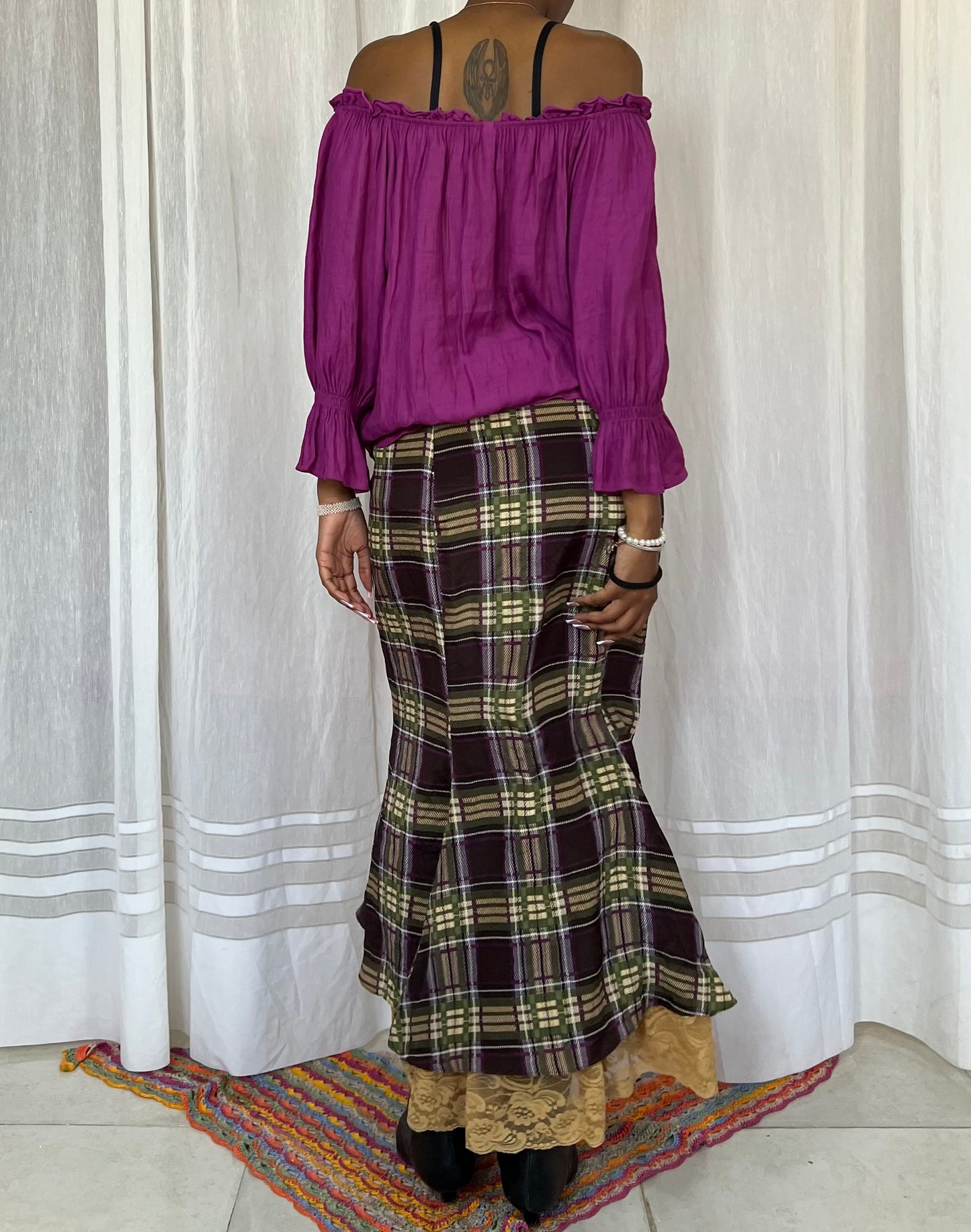 Plaid Lace Trim Silk Midi Skirt