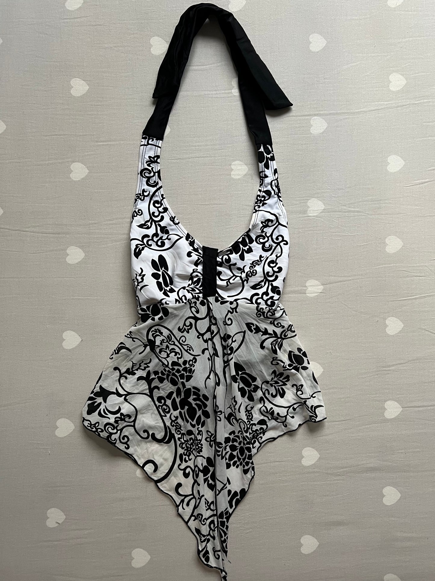 Asymmetrical floral mesh top