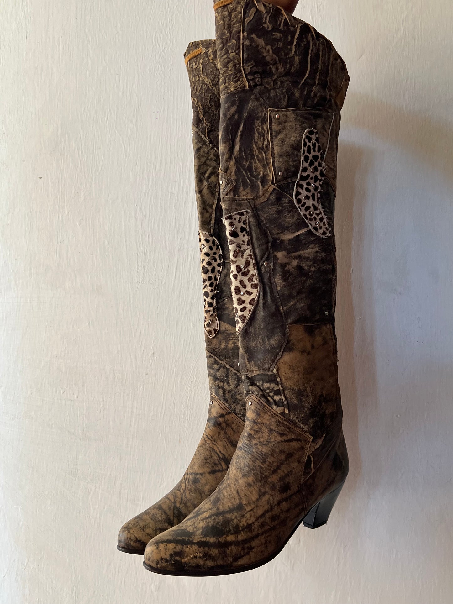 Thigh high animal print patch work boots