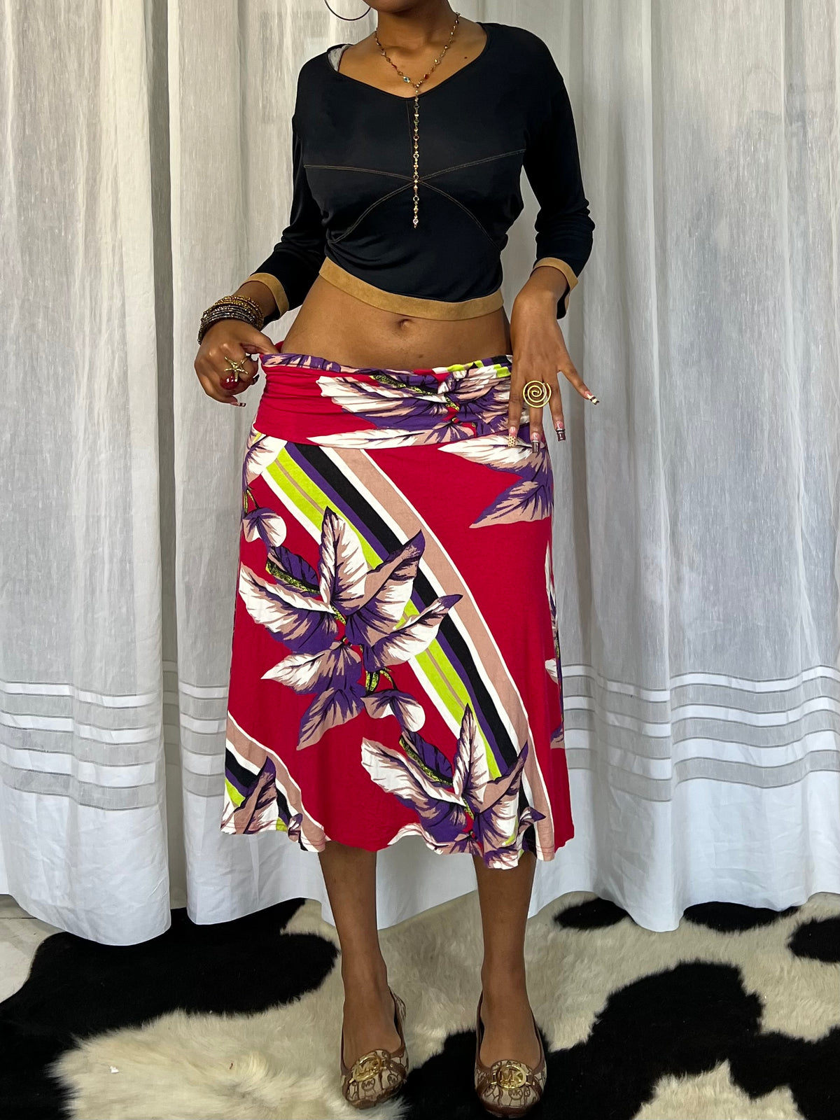 Magenta floral print midi skirt