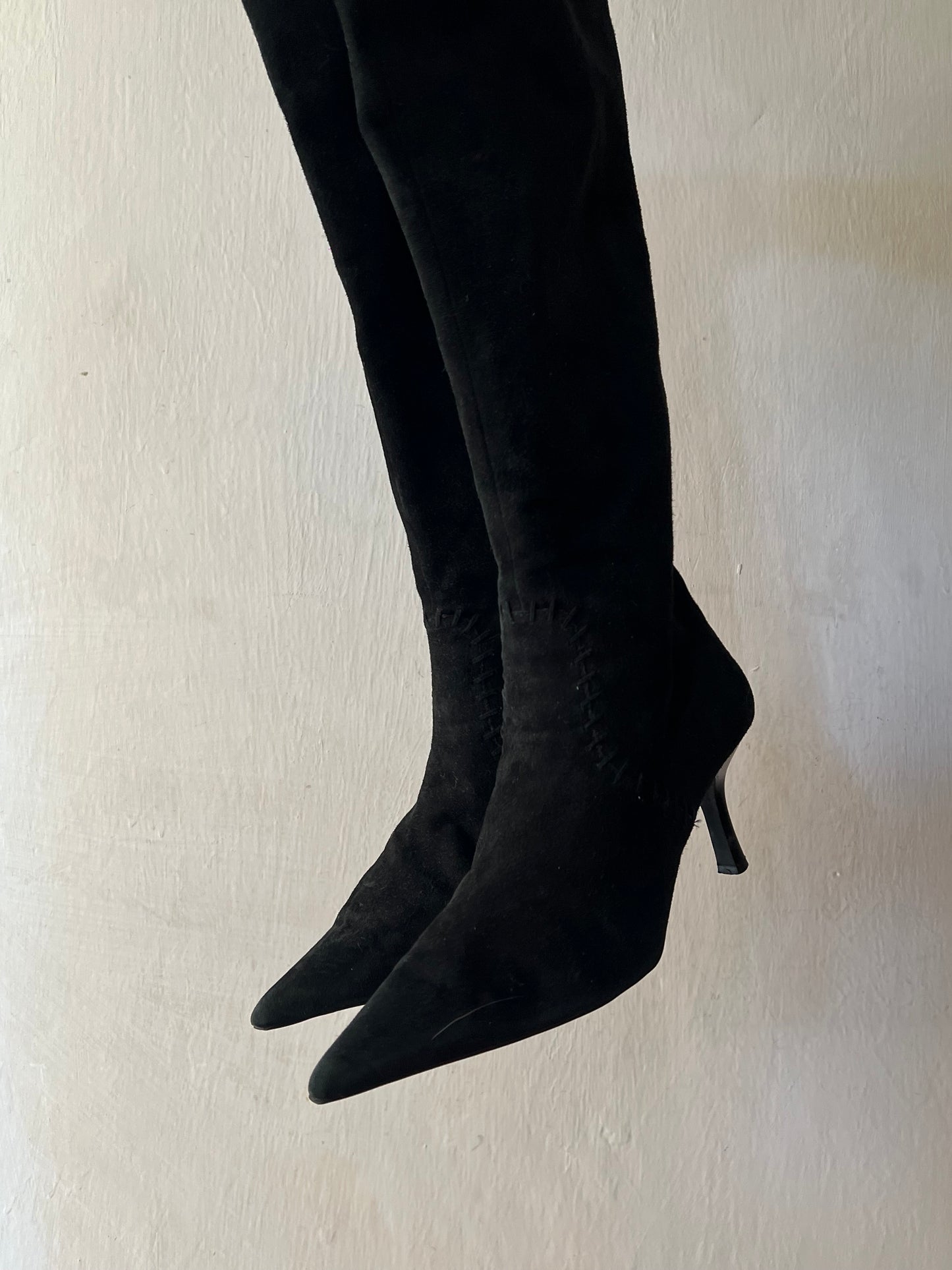 Black pointy toe knee high boots