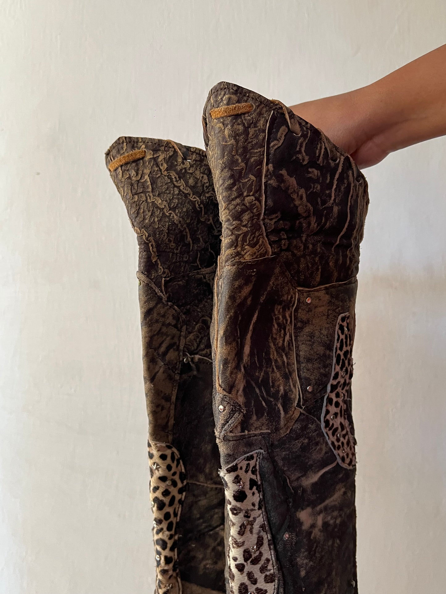 Thigh high animal print patch work boots