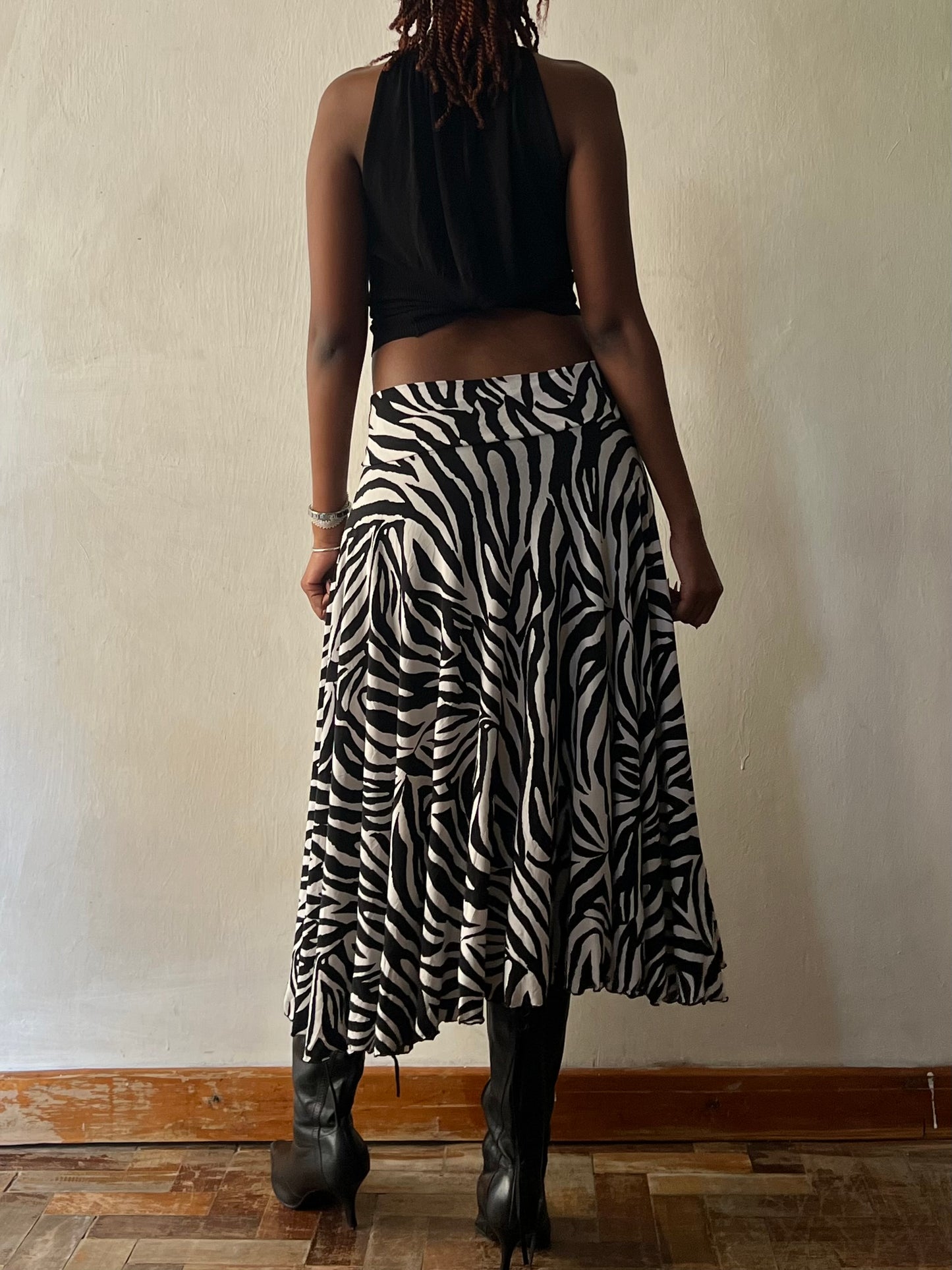 Zebra Print Slinky Midi Skirt