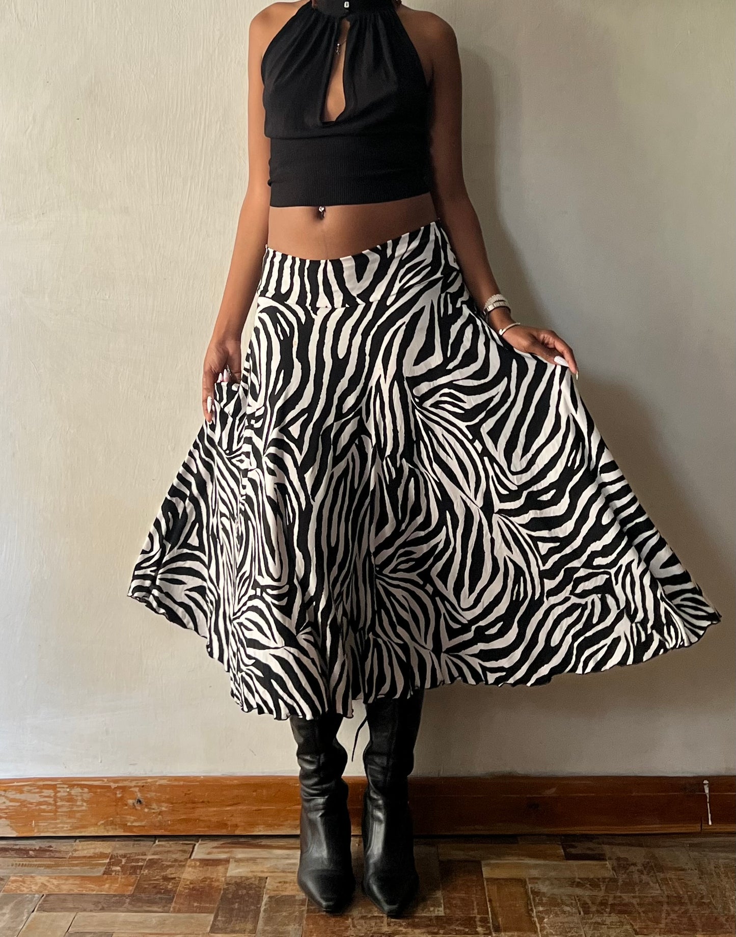 Zebra Print Slinky Midi Skirt