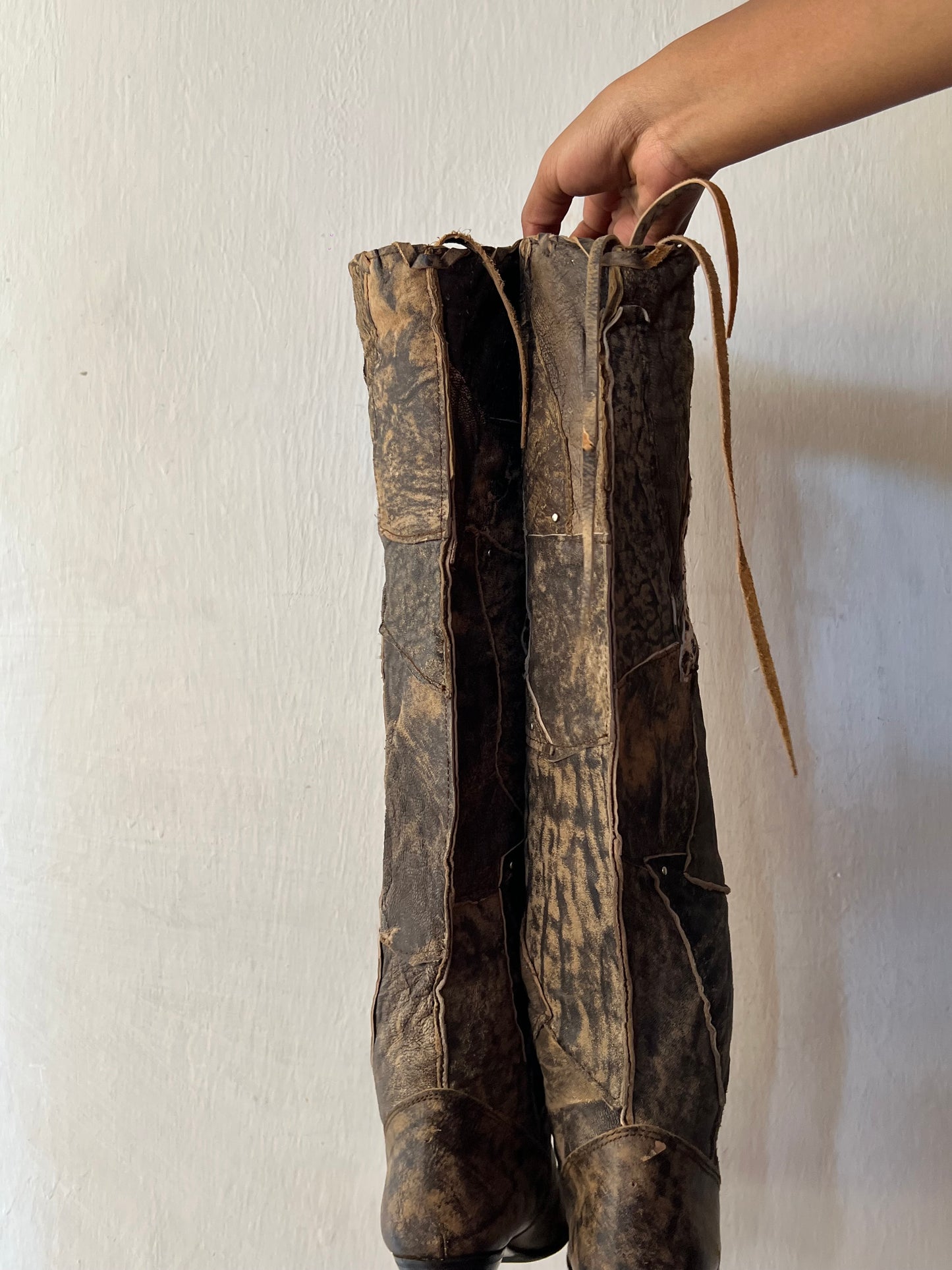 Thigh high animal print patch work boots