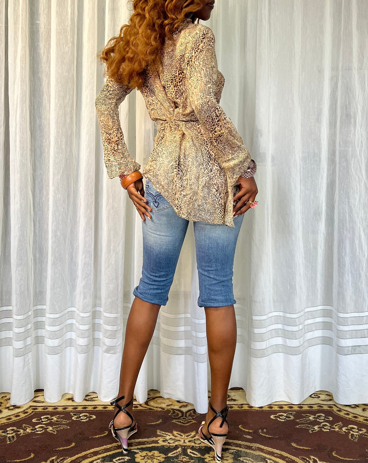 Sheer Animal Print Bell Sleeve Blouse
