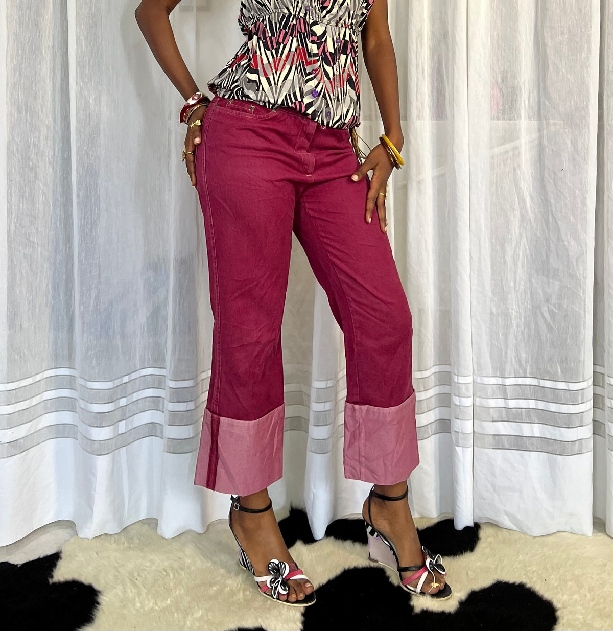 Burgundy Contrast-Cuff Trousers