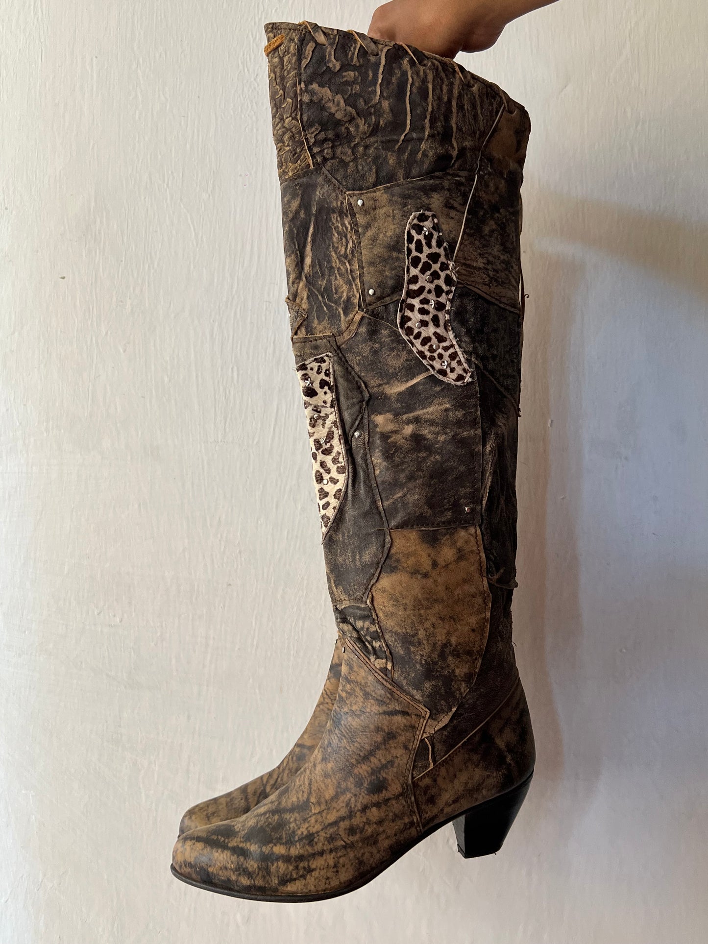 Thigh high animal print patch work boots