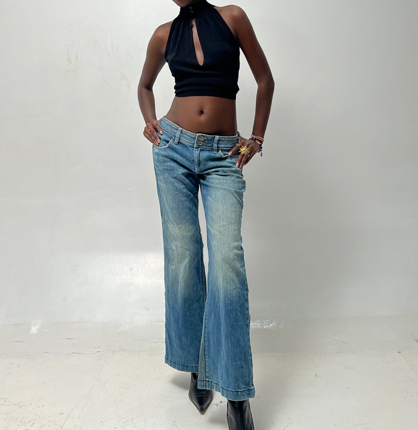 Low rise wide leg denim pants