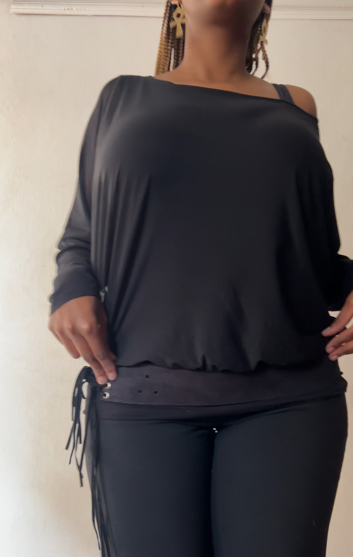 Black wide fitted suede fringe belt