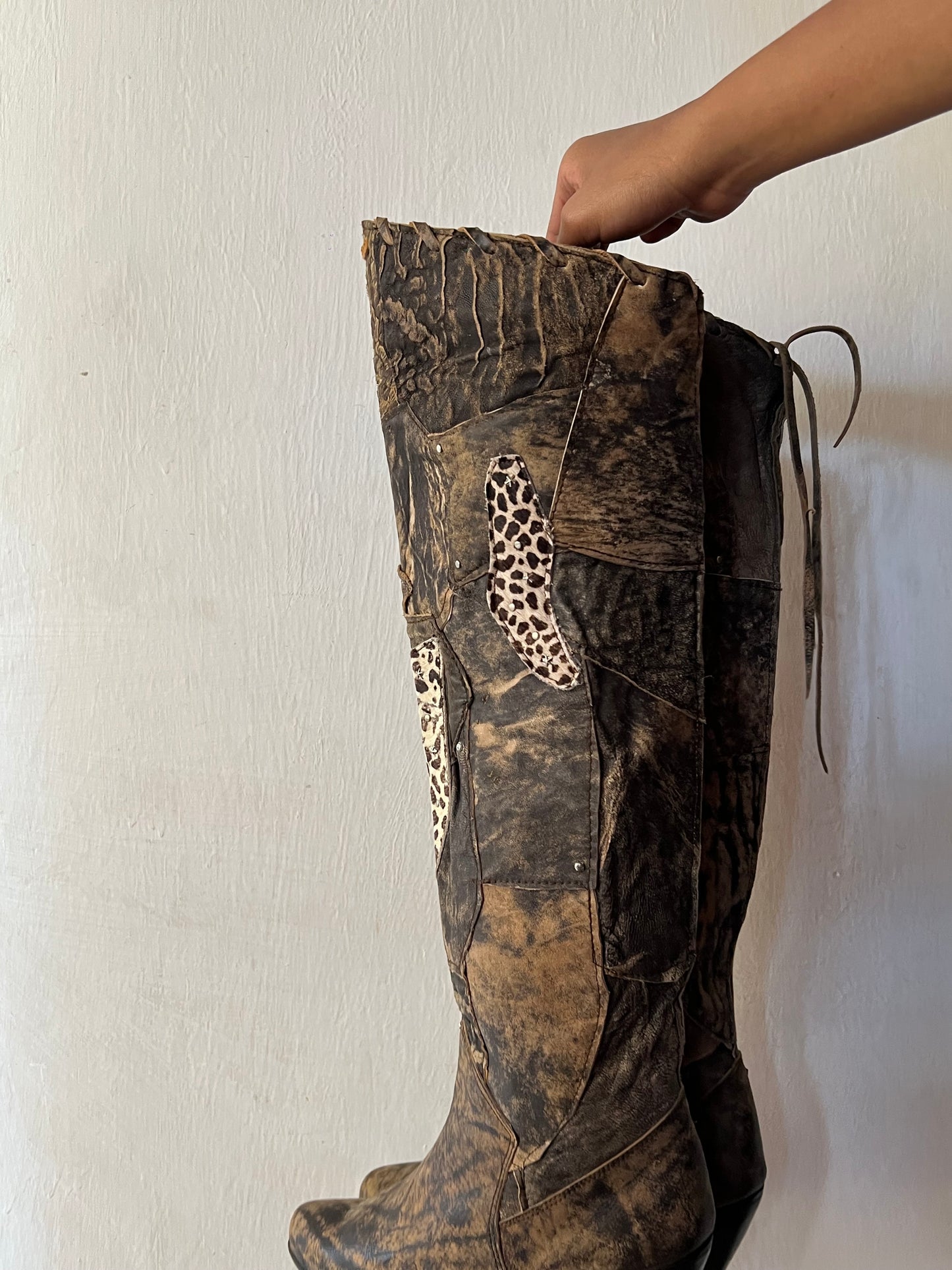 Thigh high animal print patch work boots