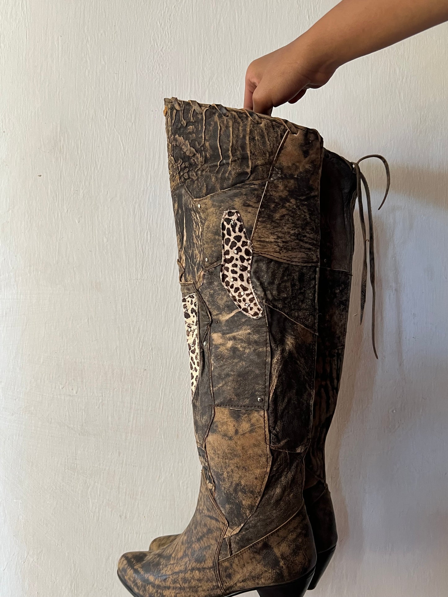 Thigh high animal print patch work boots