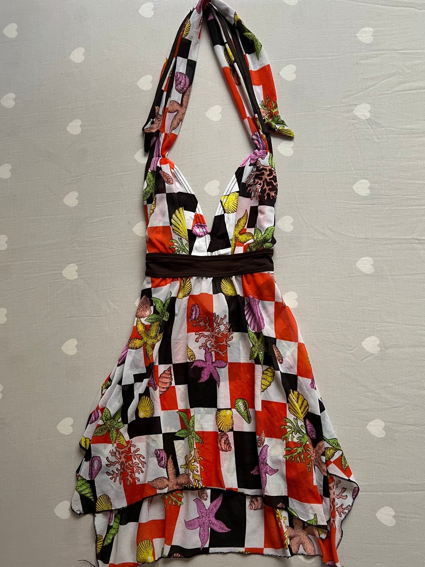 Graphic mesh halter top