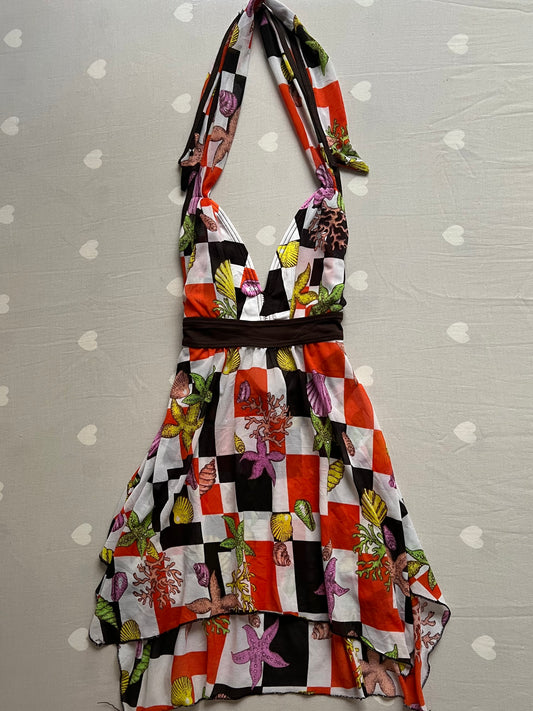 Graphic mesh halter top